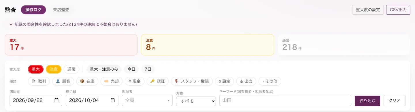 監査の画面。記録の整合性の確認と、重大・注意・通常の件数