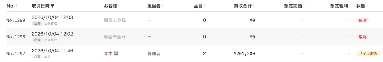 取引一覧の明細書No.の列。取消した取引も番号を残して並ぶ